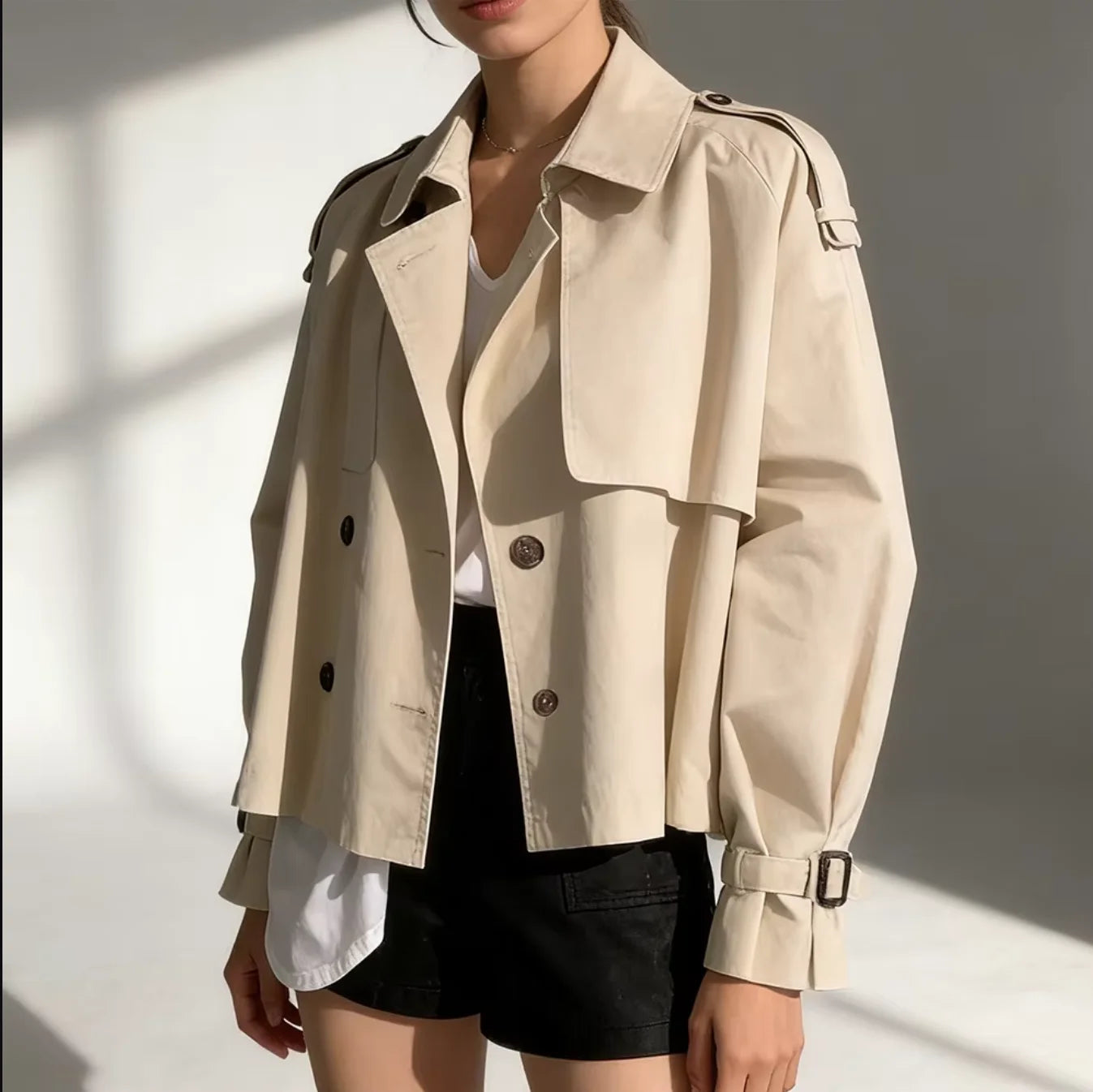 2026 Fall Women's Niche Collar Design Trench Coat – Double-Breasted, Oversized Short-Length, Long Sleeve Utility Windbreaker Jac