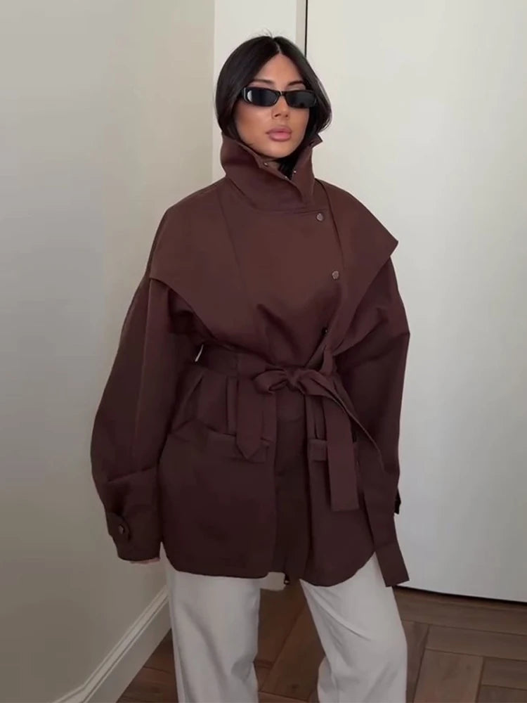 Oversized Tie-Waist Cropped Trench Coat Drop Shoulder 2026 Spring Women Modern Edgy Outerwear Fashion Chic Lady Streetwear Coat