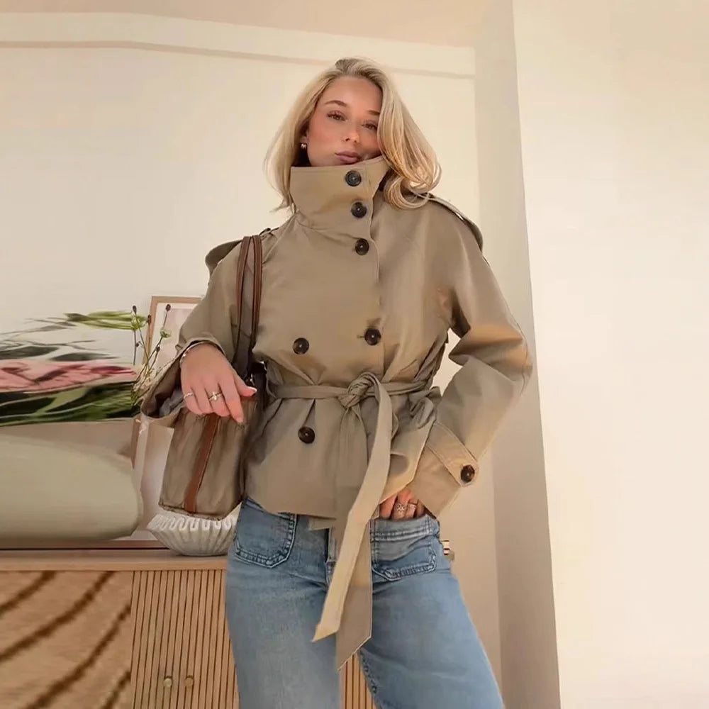 2026 New Autumn Women's Chic Stand Collar Double-breasted Belted Waist Cropped Trench Coat Shoulder Casual Street Outerwear