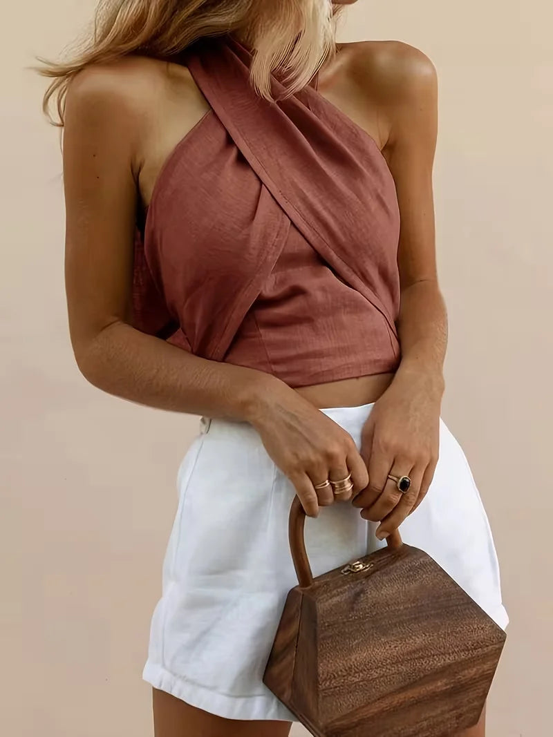cropped top ,Women's solid-colored cropped cross-back top