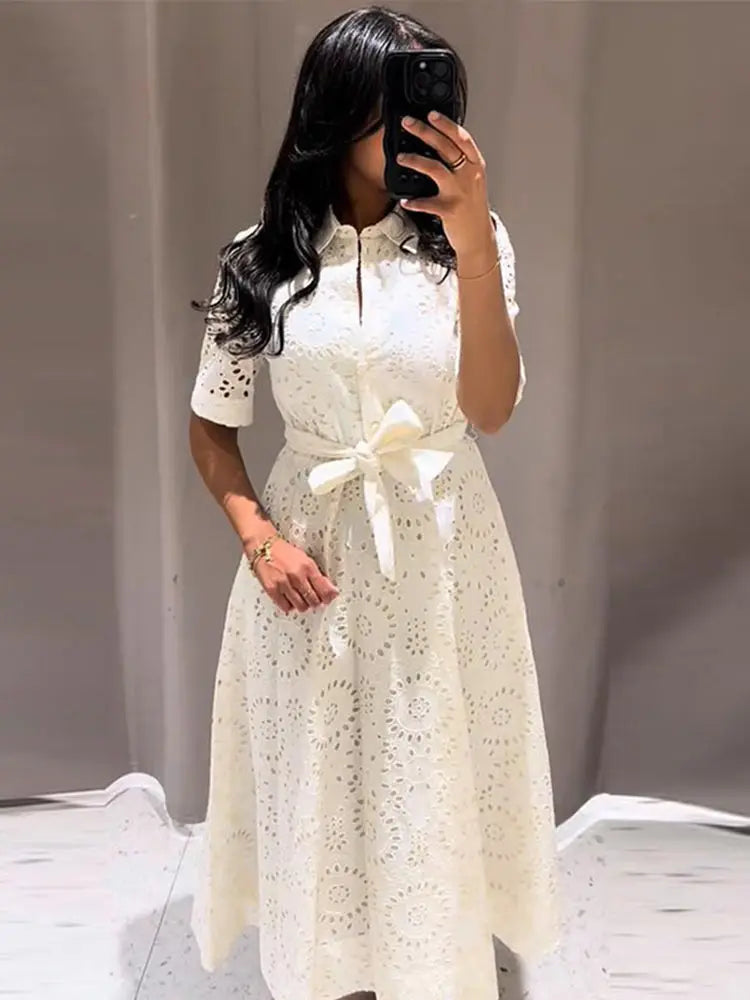 Elegant Embroidered Lapel Hollow Dress Women Fashionable Short Sleeve Belt High Waist Maxi Dresses Female Summer Chic Casual