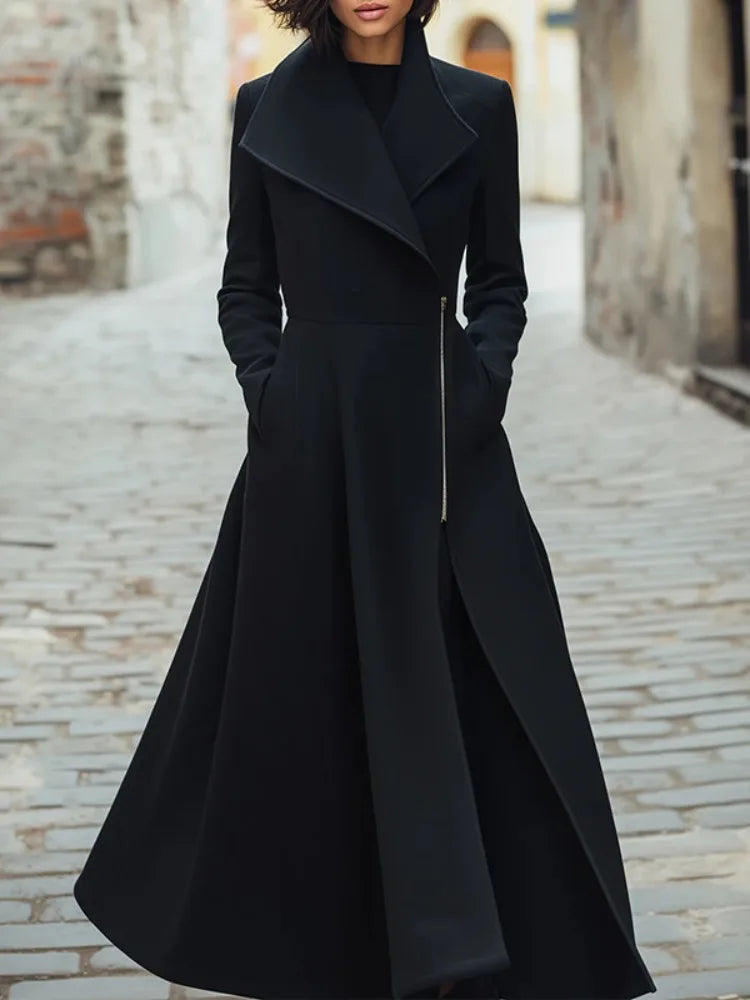 2026 Winter New Women's Trench Coat Lapel Collar Side Zippered High Waist Woolen Coat A-line Pleated Dress Streetwear Outerwears